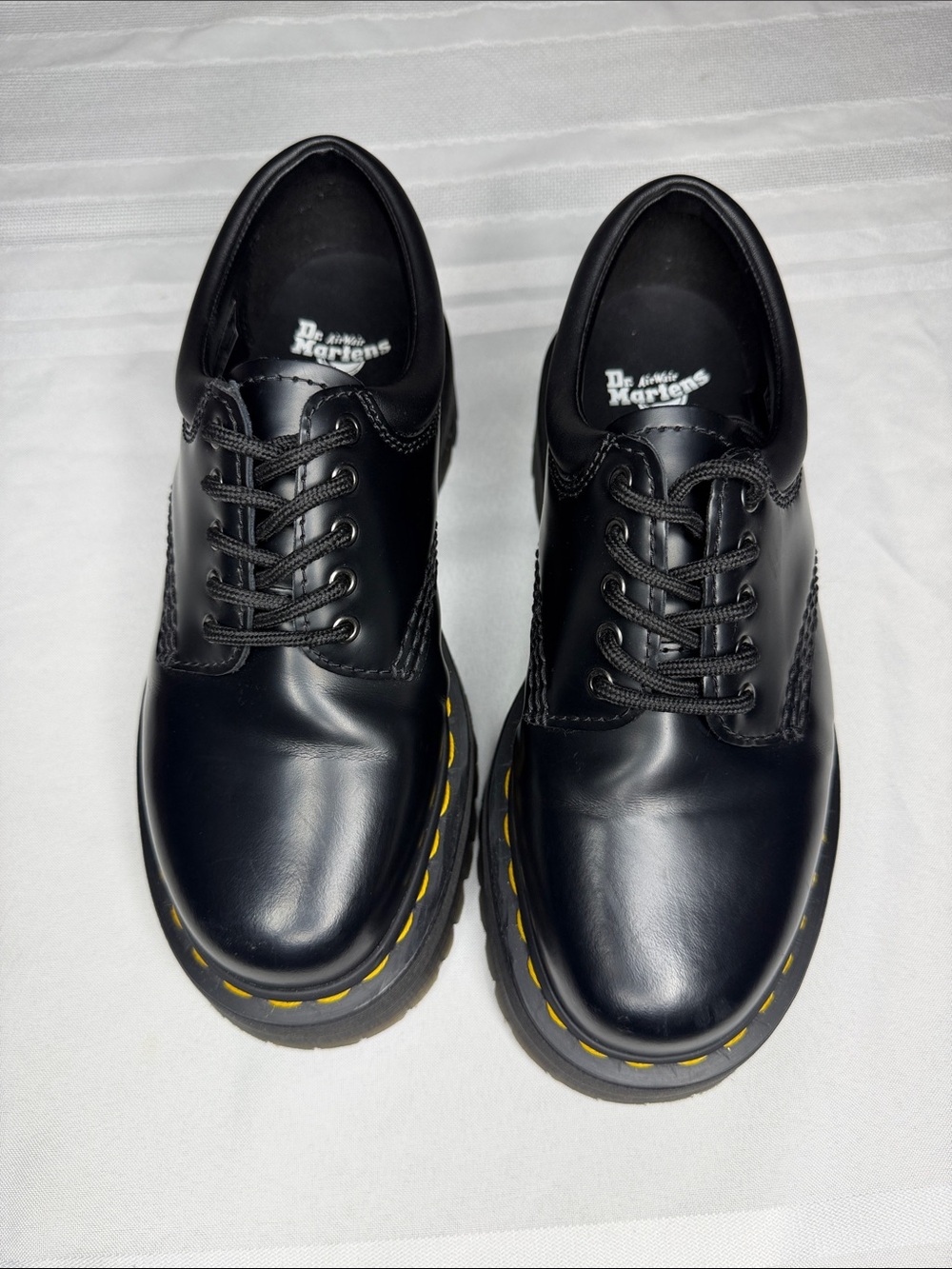 Dr. Martens Black Leather 5-Eye Derby Shoes with Yellow Stitching - Picture 1 of 11